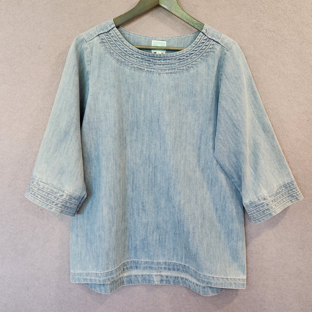 Martha Stewart Everyday Shirt Womens S Tandie Trapunto Chambray 3/4 Sleeve Tunic